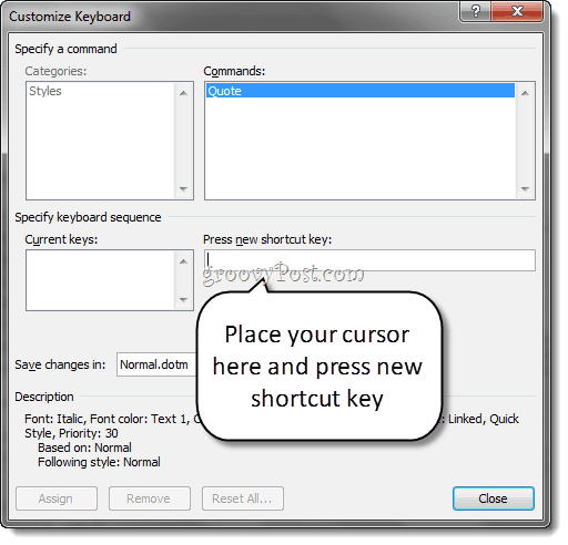 Kohandatud stiilis klaviatuuri otseteed Word 2010