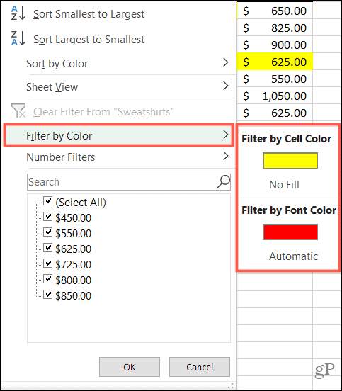 Filtreeri Excelis värvi järgi