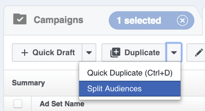Klõpsake Facebook Power Editoris duplikaadi paremal asuvat noolt ja valige Split Audiences.