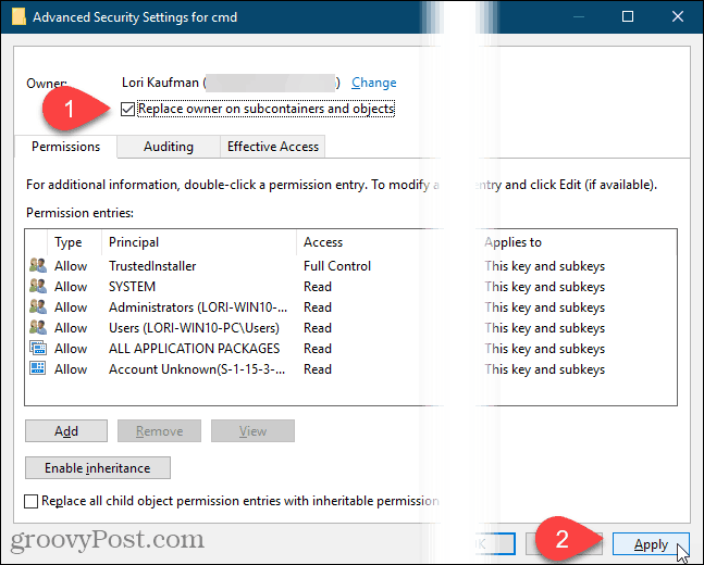 Klõpsake Windowsi registri dialoogiboksis Täpsemad turbesätted nuppu Rakenda