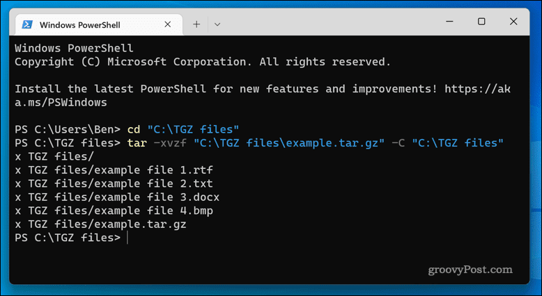 TGZ-failide ekstraktimine opsüsteemis Windows 11 terminalirakenduse abil