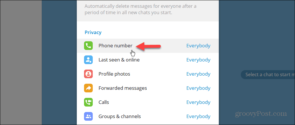 Telefoninumbri privaatsusseade Telegrami töölauarakenduses
