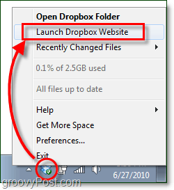 käivitage dropboxi veebisaidi Windows 7