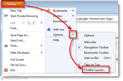 Firefoxi menüüvalikud> tööriistariba paigutus