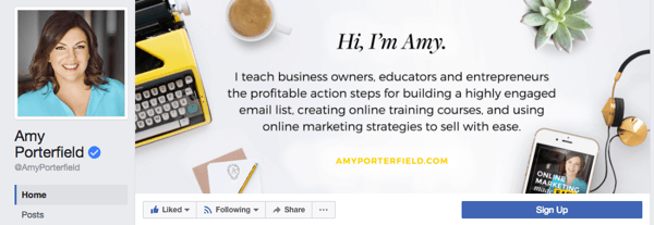 Amy Porterfieldil on ärileht, millel on professionaalne profiilifoto, ja kaaneleht, mis toob esile tema ettevõtte pakutavad tooted ja teenused.