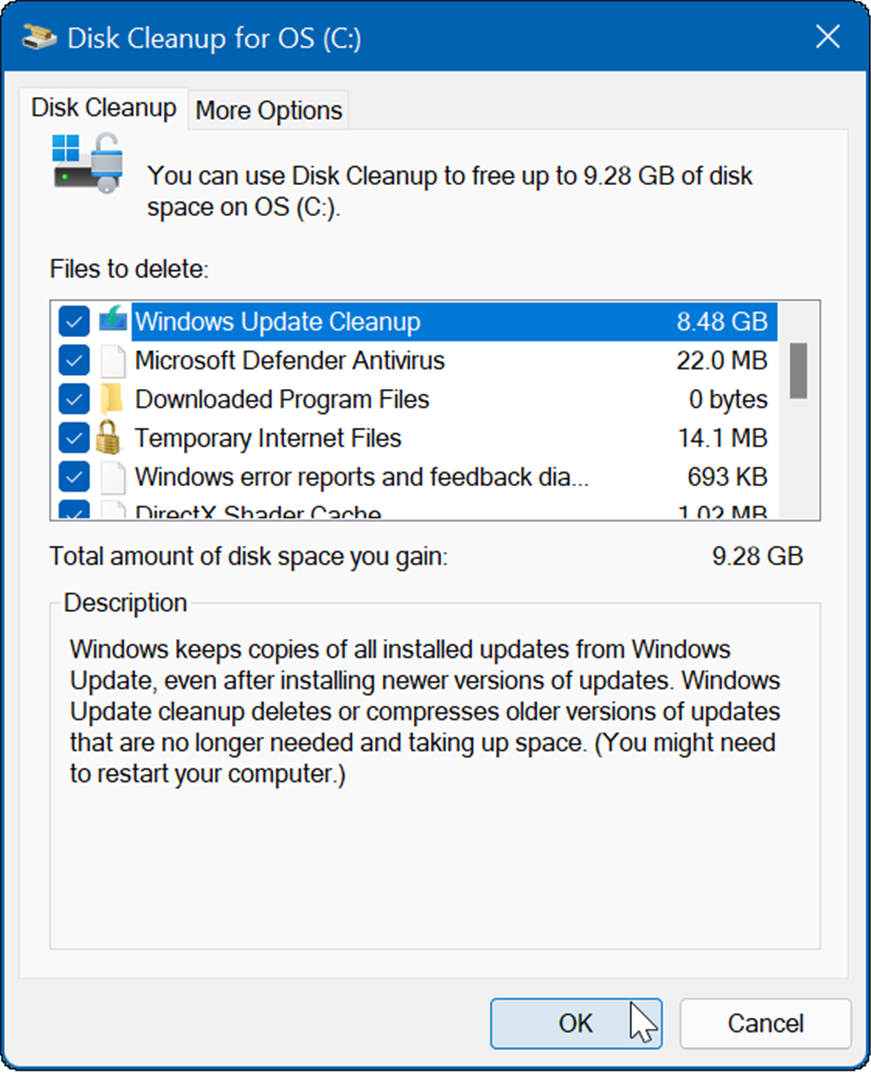 tulemuseks on mitu ajutist faili, sealhulgas Windows Update Cleanup