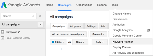 Valige Google AdWordsis menüüst Tööriistad märksõnade plaanija.
