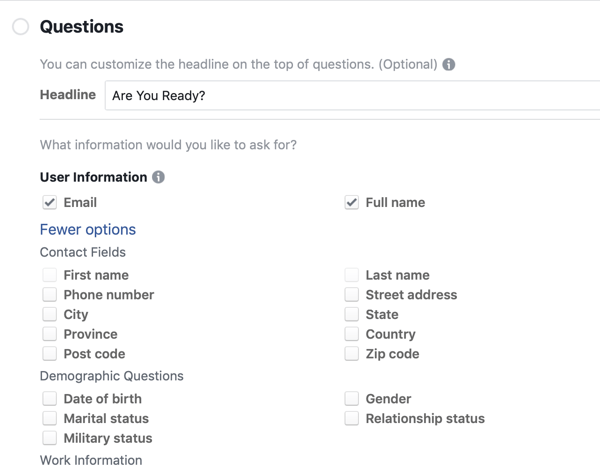 Küsimuste valikud Facebooki juhtivate reklaamikampaaniate jaoks.