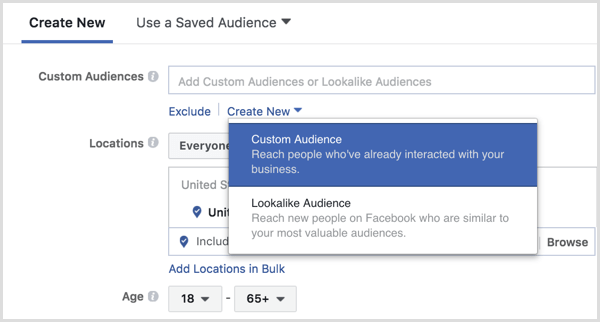 Facebooki reklaamihaldur loob reklaami seadistamise ajal kohandatud vaatajaskonna