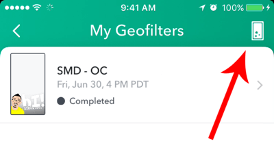 Kui olete varem loonud Snapchati geofiltri, puudutage ekraani ülaosas loomise ikooni.