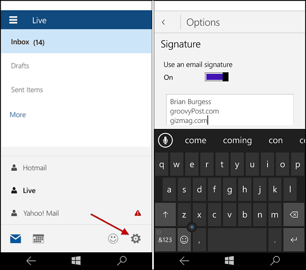 Windows 10 Mobile: muutke Outlooki allkirja