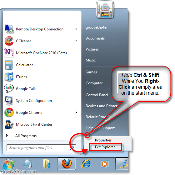 Hoidke klahve all ja paremklõpsake Start-menüüd, et Windows 7-st Explorerist väljuda