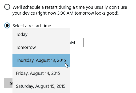 Ajakava taaskäivitamise päev Windows 10