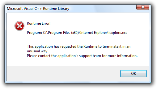 Internet Explorer 8 (IE8) Microsoft Visual C ++ Runtime Library: käitusviga!