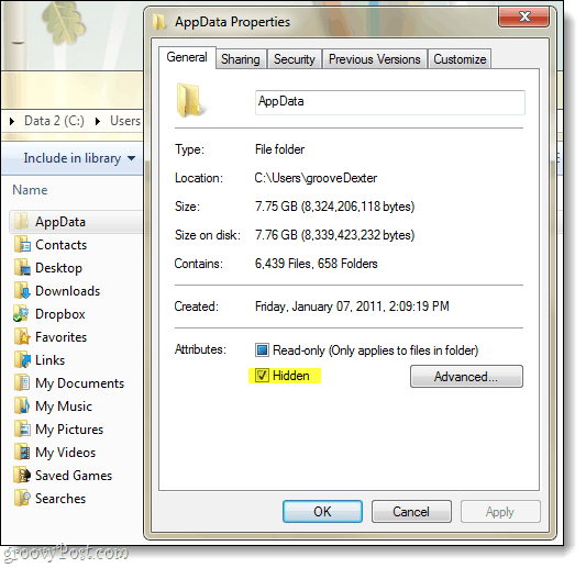 peidetud rakenduse andmed Windows 7-s