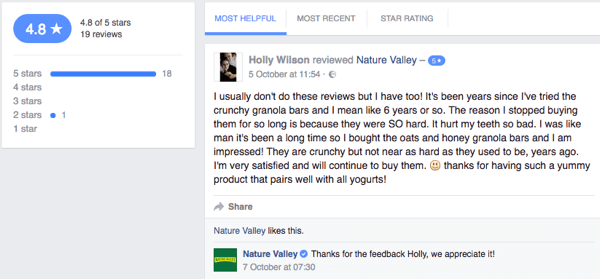 Nature Valley klient jätab ettevõtte Facebooki lehele kliendiarvustuse.