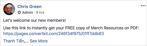 See Facebooki grupipostitus tervitab uusi liikmeid ja tuletab neile meelde tasuta PDF-i allalaadimist.