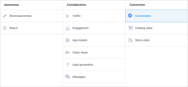 Valige Facebooki kampaania eesmärk Konversioonid.