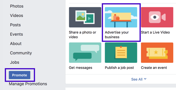 Võite seadistada Facebooki kohaliku ettevõtte reklaami vasakult küljeribalt või lehe postitamise suvanditest.