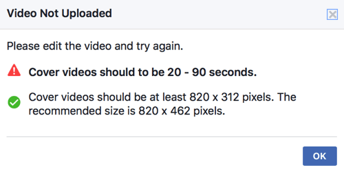 Kui teie kaanevideo ei vasta juba Facebooki tehnilistele standarditele, ei saa te seda otse oma lehe kaanevideona üles laadida.