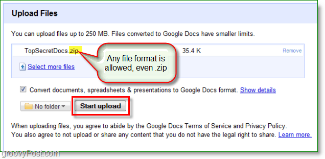 Google Docs'i ekraanipilt - laadis üles ZIP-faili