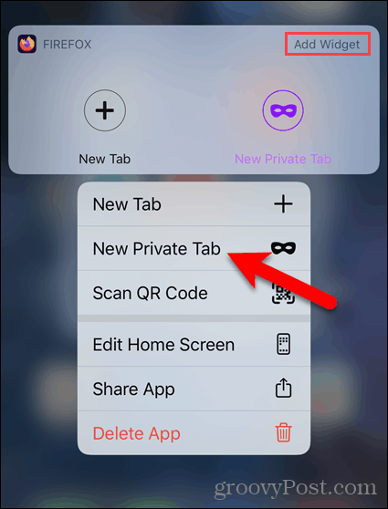 Vajutage pikalt Firefoxi ikooni ja valige iOS-is uus privaatne vahekaart