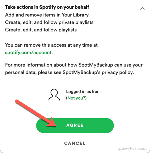 SpotMyBackupile juurdepääsu kinnitamine Spotifyle