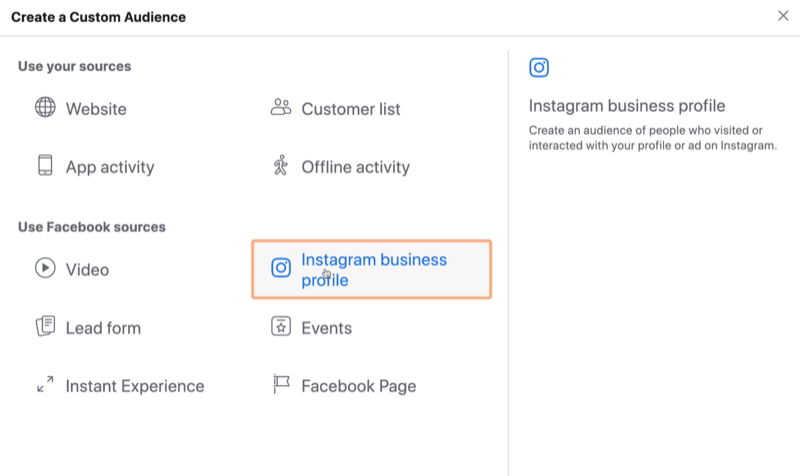 valige Facebooki kohandatud vaatajaskonna allikaks Instagram Business