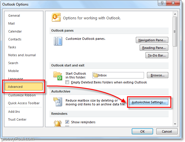 Automaatse arhiivi konfigureerimise ja haldamise juhised rakenduses Outlook 2010