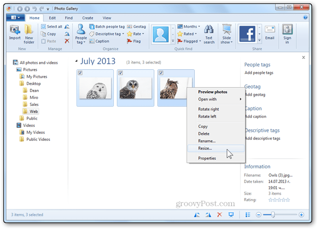 fotode suuruse muutmise õpetus Windows Live'i fotogalerii suuruse muutmise kontekstimenüü nupp