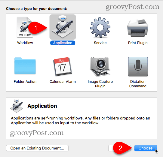 Valige rakenduse tüüp rakenduses Automator for Mac