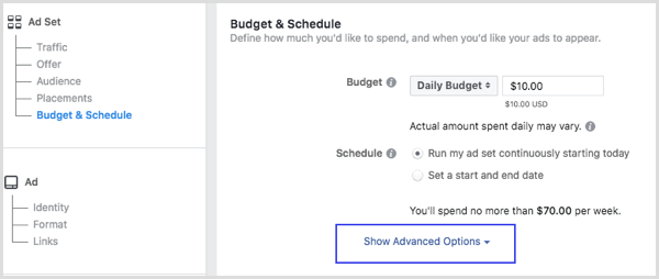 Kui seadistate Facebooki reklaami, klõpsake jaotises Eelarve ja ajakava nuppu Kuva täpsemad valikud.