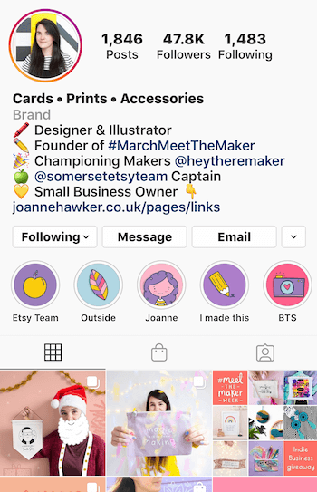näide Instagrami ärikonto bio-emotikonidest