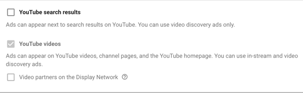 YouTube'i reklaamikampaania seadistamine, 11. samm - võrgu kuvamisvalikute määramine