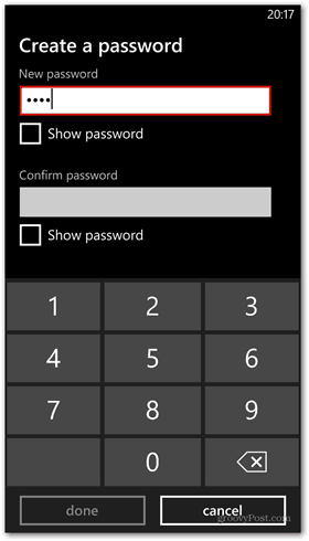 Windows Phone 8 kohandab lukustuskuva paroolikomplekti