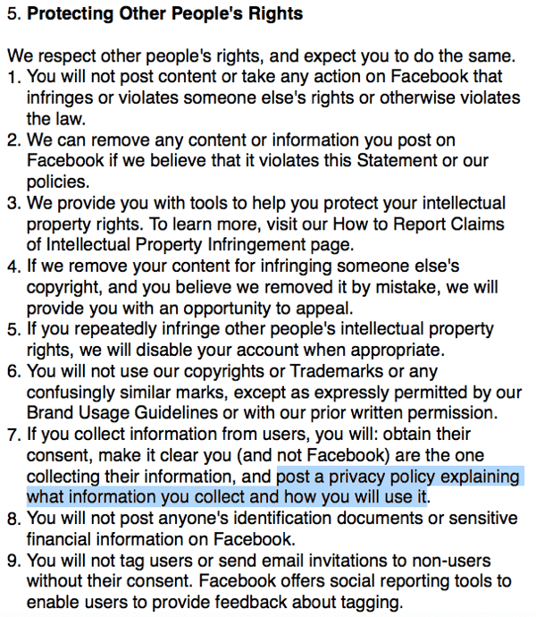 Facebooki tingimused, milles esitatakse privaatsuseeskirjade nõue.