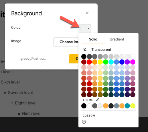 Taustavärvi lisamine teenuse Google Slides põhislaidile