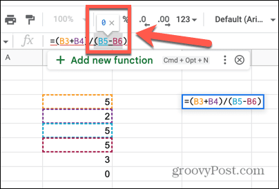 google sheets div 0 tulemus