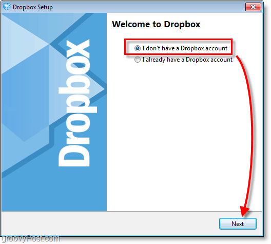 Dropboxi ekraanipilt - valige uue konto loomine