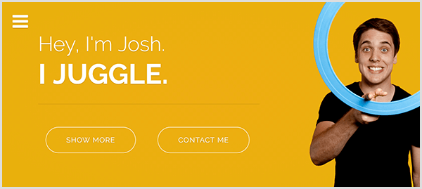 Josh Hortoni žongleerimise veebisaidil on kollane taust, foto Joshist naeratamas ja keerates nimetissõrme ümber helesinist žongleerimisrõngast ning valge tekstiga Hei, ma olen Josh. Ma žongleerin.