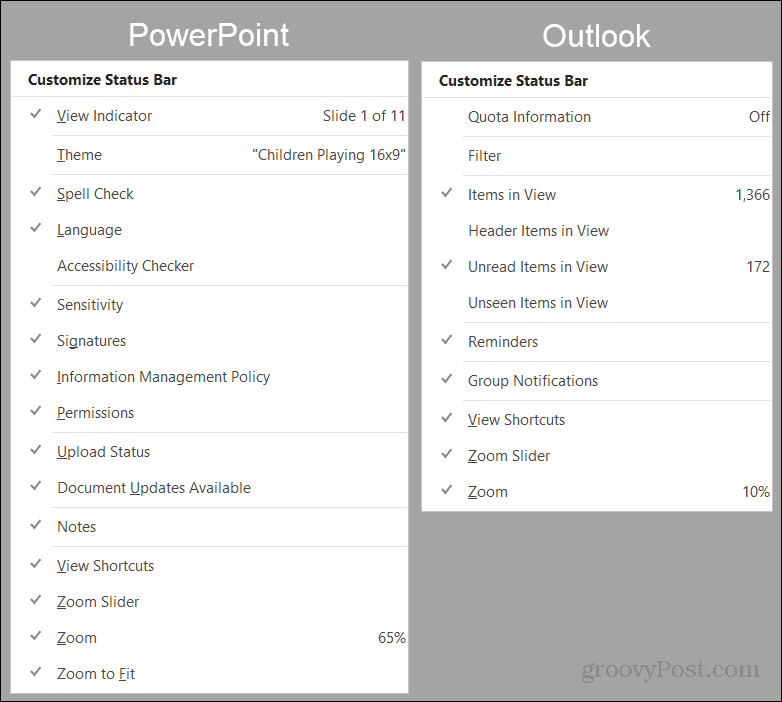 PowerPointi ja Outlooki olekuriba valikud