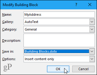 Modifitseeri dialoogiboksi Building Block