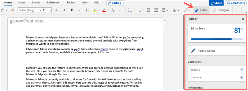 Microsofti redigeerija veebis Wordis