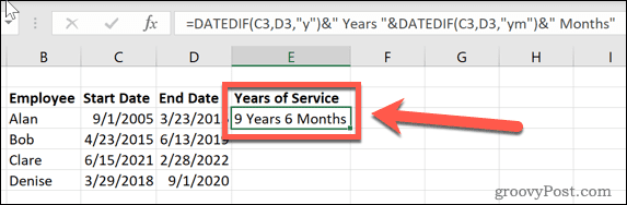 Exceli kuupäev, mis on märgitud tööaastate ja -kuude korral