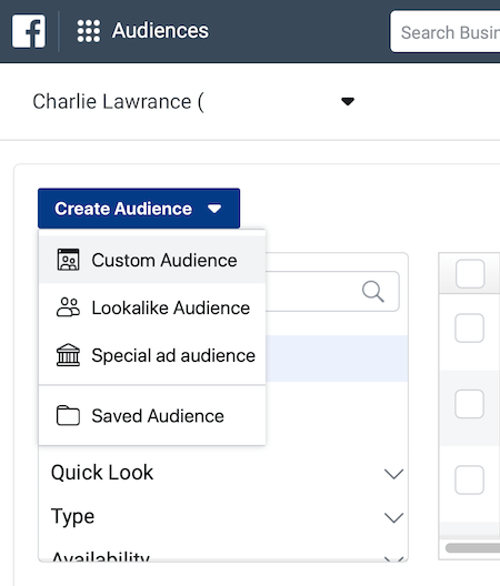 Looge Facebook Ads Manageri jaotises Vaatajaskonnad rippmenüü Loo vaatajaskond