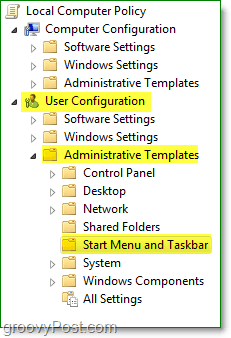 Sirvige Windowsi 7 kohaliku rühmapoliitika aknas kasutajakonfiguratsioone, halduse malle ja seejärel menüüd Start ja tegumiriba