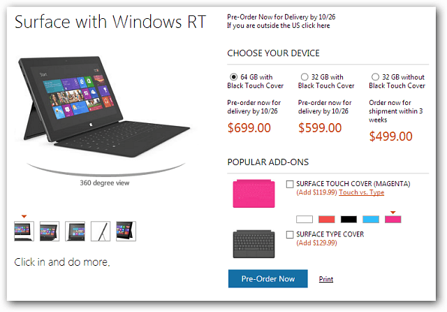 Microsoft kuulutab välja Surface RT tahvelarvutite hinnakujunduse, mis on saadaval ettetellimiseks