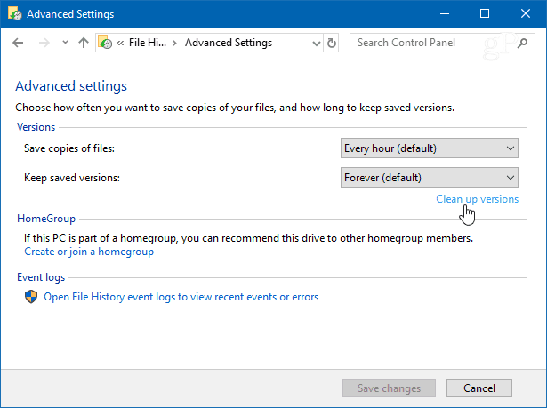 Versioonide puhastamine Windows 10 failiajalugu