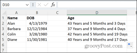Exceli vanus aastates kuudes ja päevades