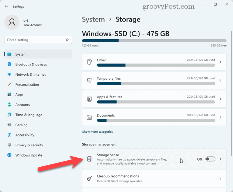 Windows 11 seadetes klõpsake Storage Sense